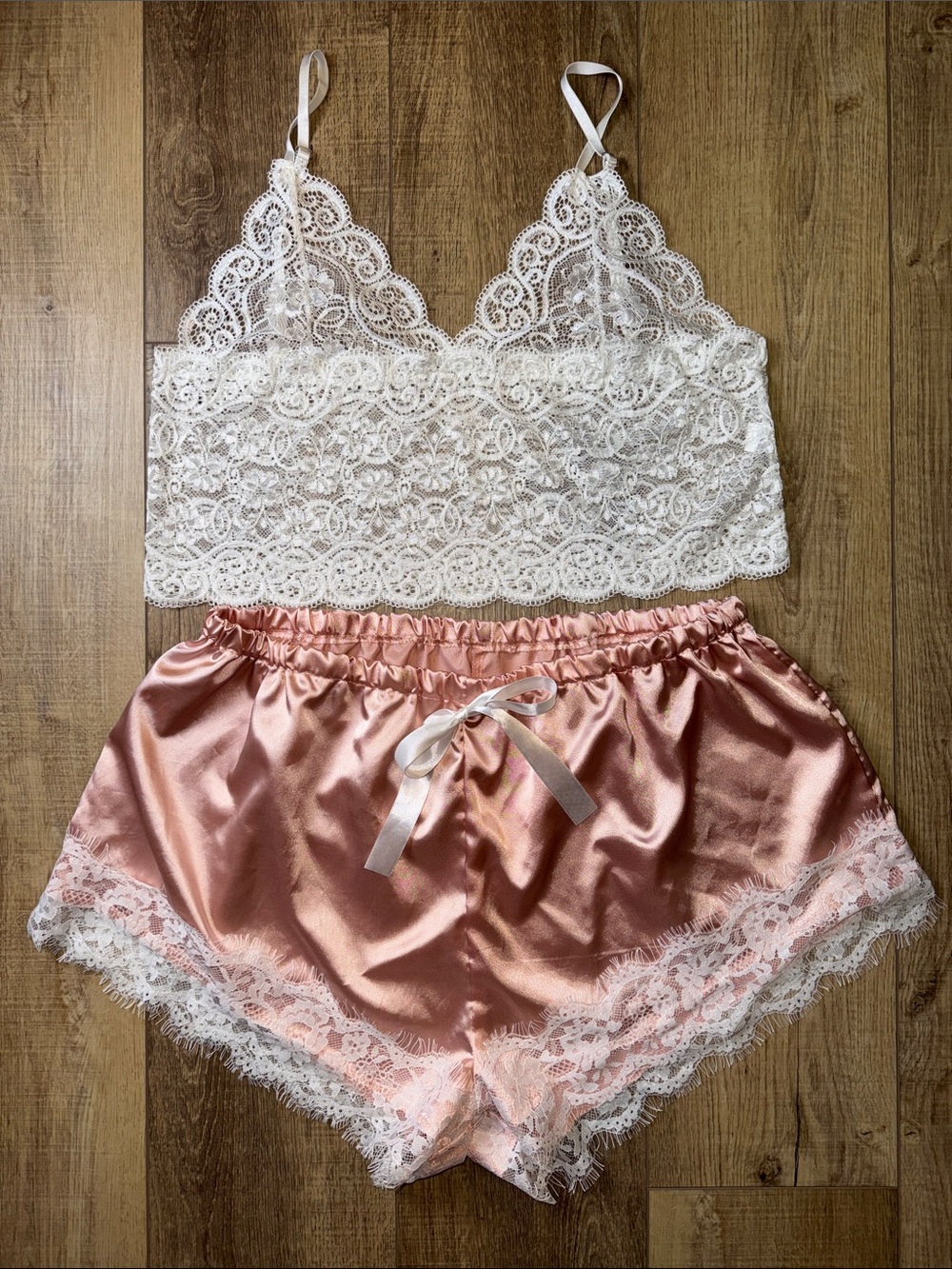 Lace Bralette & Satin Shorts Sleep Set - White Lace / Blush Pink Satin